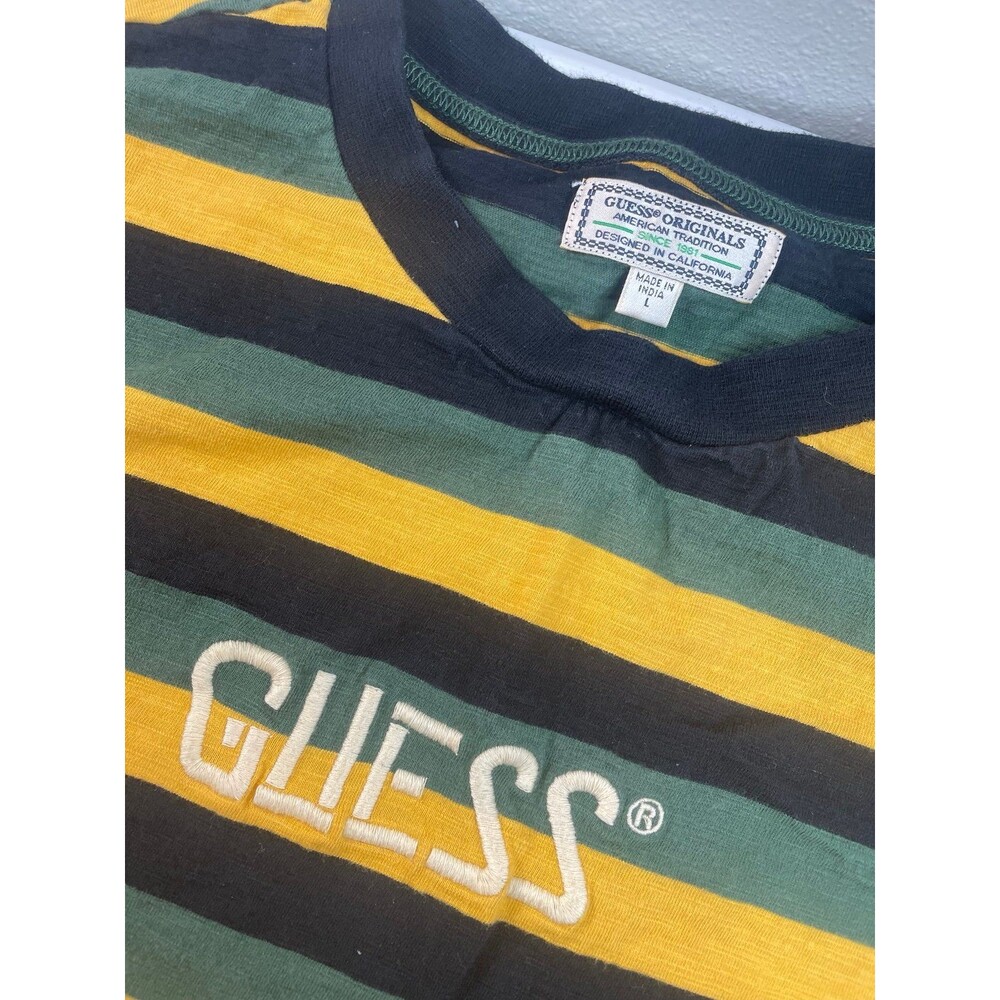 Vintage Y2K Guess Originals Striped Tee Green Yellow Logo Shirt Mens L - Picture 3 of 7